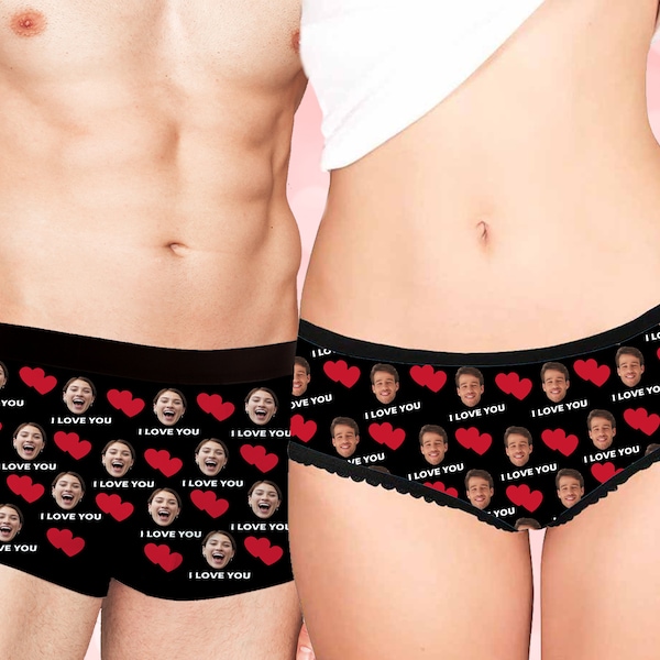 Photo Custom Couple Underwear with Heart, Popular Design Men's Boxers, Women Face Briefs, Christmas/Birthday/Anniversary Gift for Boyfriend