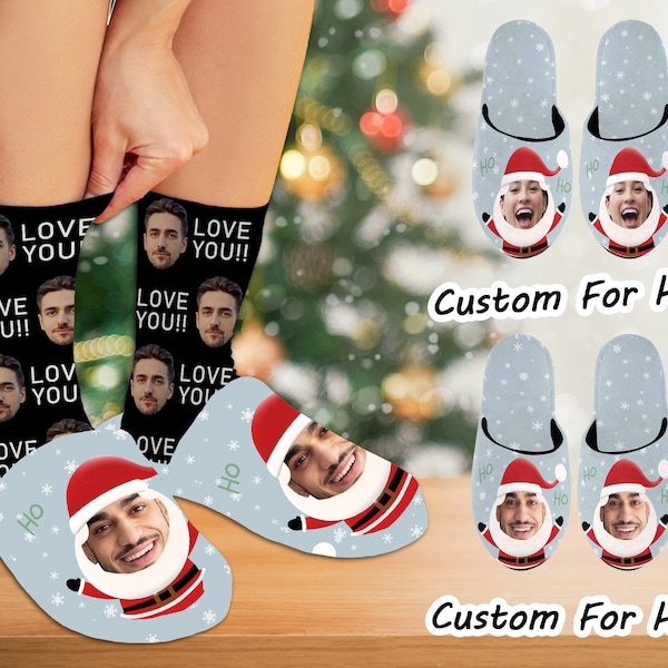 Custom Funny Christmas Cotton Slippers Decor, Couple Photo Cotton Slipper, Christmas Gift for Family, Winter Warm House Shoes, Faces Slipper