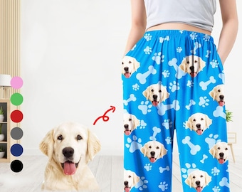 Custom Dog Face Pajama Pants, Personalized Pet Photo Pajama Trousers