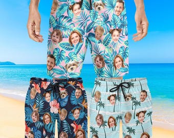 Custom Face Swim Trunks, Personalized Photo Hawaiian Print Swim Shorts, Gift for Him