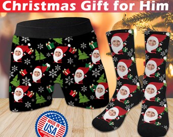 Personalized Custom Christmas Face Underwear, Custom Men's Photo Boxers, Multi-color Socks for Christmas Party, Christmas Gift for Boyfriend