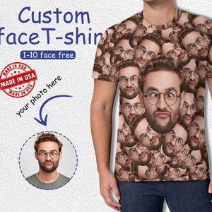May include: A white t-shirt with a pattern of many faces. The text "Custom face T-shirt" and "1-10 face free" is printed on the shirt. A red circle with the text "Made in USA" is also printed on the shirt.