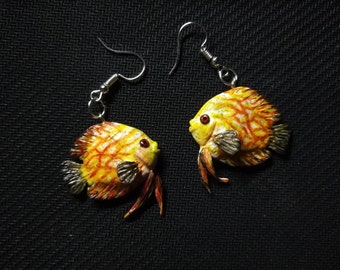 checkerboard discus fish Earrings, custom pet earrings, Handmade Polymer Clay Fish Earrings, realistic earrings, fish jewelry, gift for her