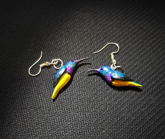 Purple Rumped Sunbird Earrings Handmade Polymer Clay Bird
