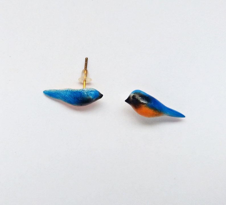 Indian Blue Robin, Handmade Polymer Clay bird Earrings, realistic earring, blue robin earring, minimalist earring, bird jewelry, post/dangle image 4