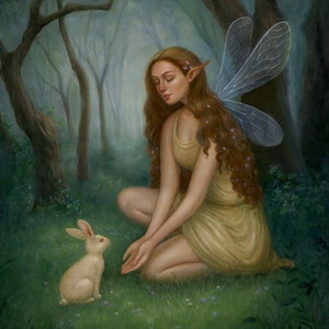Art Print of Oil Painting "Fairy and Bunny" 11x14 Satin Finish Heavy Cardstock