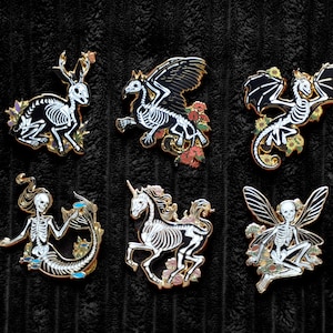 Skeletal Legends - Set of Enamel Pins | Gold Plated Mythical Creatures Mermaid Unicorn Dragon Gryphon Fairy Jackalope