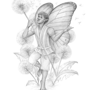 Dibujo original de lápiz de hada y diente de León de grafito 8x10 Obra de arte mate