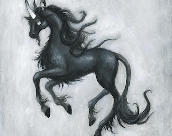 Art Print "Nightfall Unicorn" 8x10" Fine Art Giclee Quality Dark Art Decor Mythical Creatures Folklore Black Unicorn