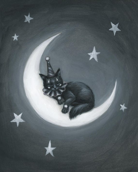 Art Print "Moon Dream" 8x10" Fine Art Giclee Quality Dark Art Decor Clown Cat Crescent Moon