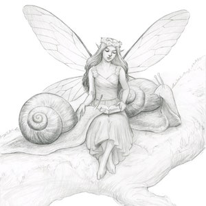 Hada de lectura de grafito original con dibujo a lápiz de caracoles 8x10 Obra de arte mate