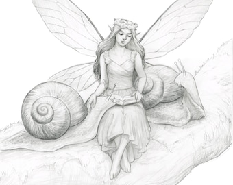 Original Graphite Reading Fairy with Snails Pencil Drawing 8x10 Matted Artwork