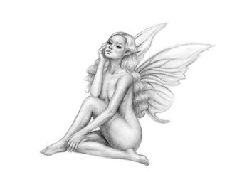 Original Graphite Pencil Fairy Figure Drawing 8x10 Matted Artwork