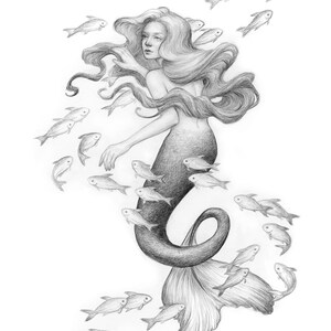 Original grafito &quot;Adrift&quot; sirena lápiz dibujo 11x14 arte mate pescado océano folklore