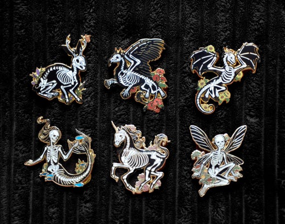 Skeletal Legends - Set of Enamel Pins | Gold Plated Mythical Creatures Mermaid Unicorn Dragon Gryphon Fairy Jackalope