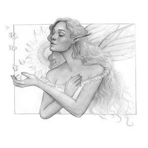 Original grafito mariposa hada retrato dibujo 8x10 obra de arte mate