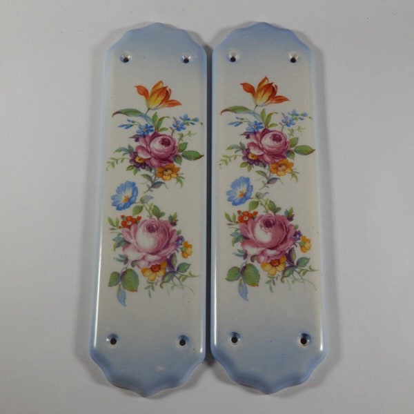 Pair of Vintage Porcelain Ceramic Blue Edged Floral Push Finger Plates