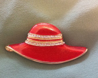 Vintage Red Enamel Hat Brooch With Swarovski Crystals
