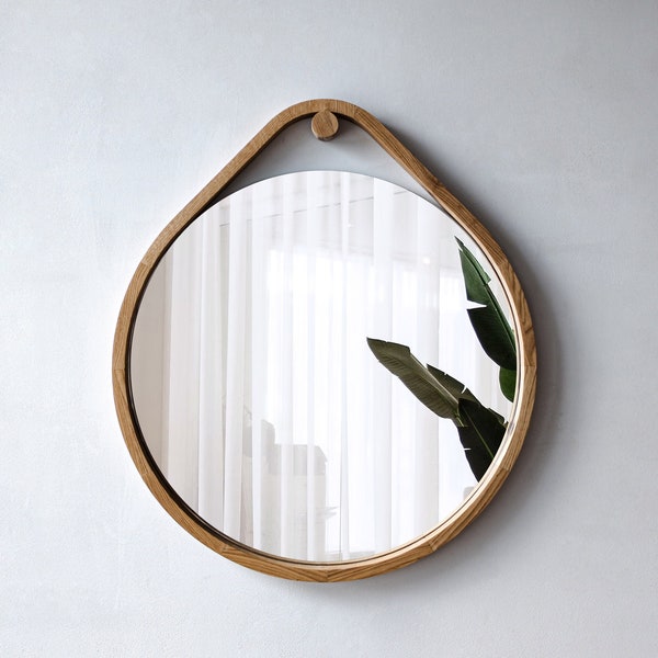 Moderner Wandspiegel - Spiegel-Wanddekoration - Runder Spiegel - Badezimmerspiegel - Spiegel mit Eichenholzrahmen - Wohnzimmerspiegel - Großer Wandspiegel