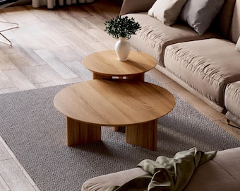 Set of Round Coffee Table - Unique coffee table set - Nesting coffee table - Solid oak table - Scandi coffee table