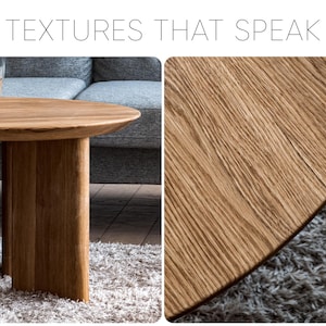 May include: A light brown, round wooden coffee table with a thick, curved base. The table has a natural wood grain finish. The text "TEXTURES THAT SPEAK" is at the top of the image. The table is on a gray rug.