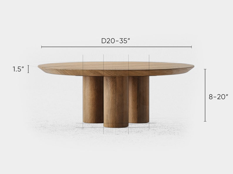 May include: A round wooden table with three cylindrical legs. The table's diameter ranges from 20 to 35 inches, with a height of 8 to 20 inches and a thickness of 1.5 inches. The table has a natural wood finish.
