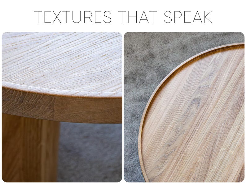 May include: Close-up of a round wooden table top with a natural wood grain finish. The table has a slightly raised edge and a smooth surface.
