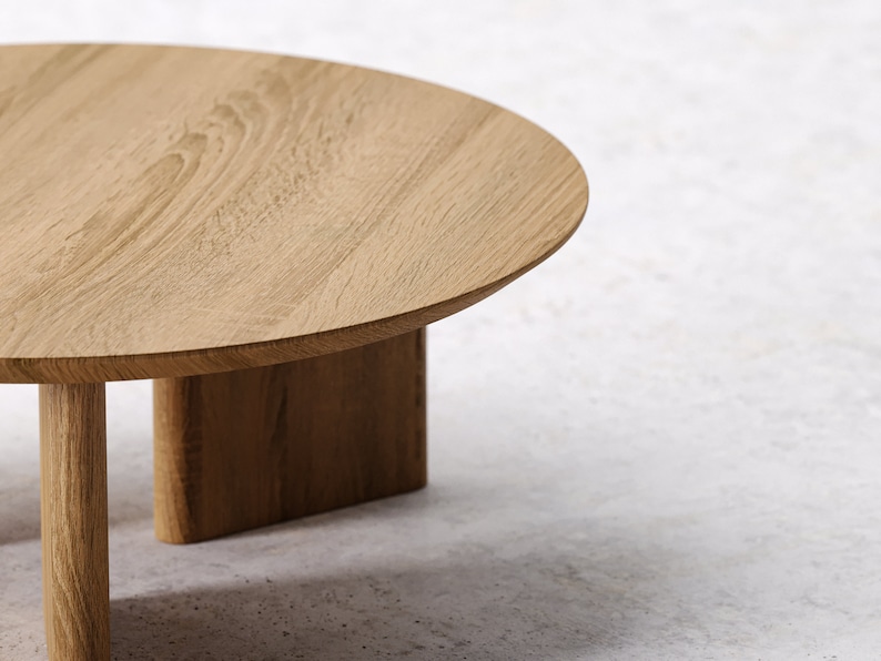 Stolik kawowy okrągły z drewna Wyjątkowy stolik kawowy Okrągły stolik kawowy Minimalistyczny stolik dębowy Oryginalny stolik kawowy Stolik kawowy Japandi zdjęcie 7