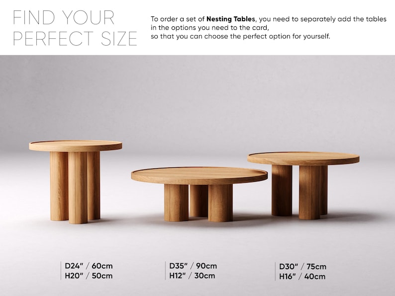 May include: Three wooden nesting tables in different sizes. The largest table is 90 cm in diameter and 30 cm tall. The middle table is 75 cm in diameter and 40 cm tall. The smallest table is 60 cm in diameter and 50 cm tall.