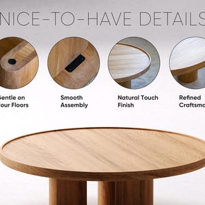 May include: A close-up of a wooden coffee table with a natural finish. The table has a round top and three legs. The legs are made of solid wood and have a rounded shape. The table is shown in detail with close-up images of the legs, the top, and the assembly.