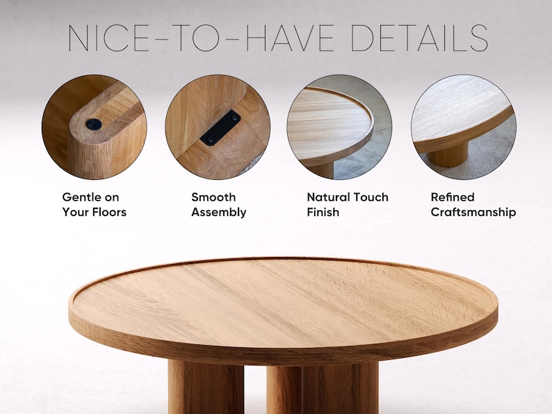 May include: A close-up of a wooden coffee table with a natural finish. The table has a round top and three legs. The legs are made of solid wood and have a rounded shape. The table is shown in detail with close-up images of the legs, the top, and the assembly.