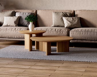 Nesting Round Coffee Table - Unique coffee table set - Nesting coffee table - Solid oak table - Japandi coffee table