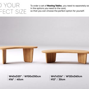 May include: Two light brown wooden nesting tables. The larger table measures 100cm long, 50cm wide, and 40cm high. The smaller table is 120cm long, 60cm wide, and 30cm high. Text reads: Find Your Perfect Size.