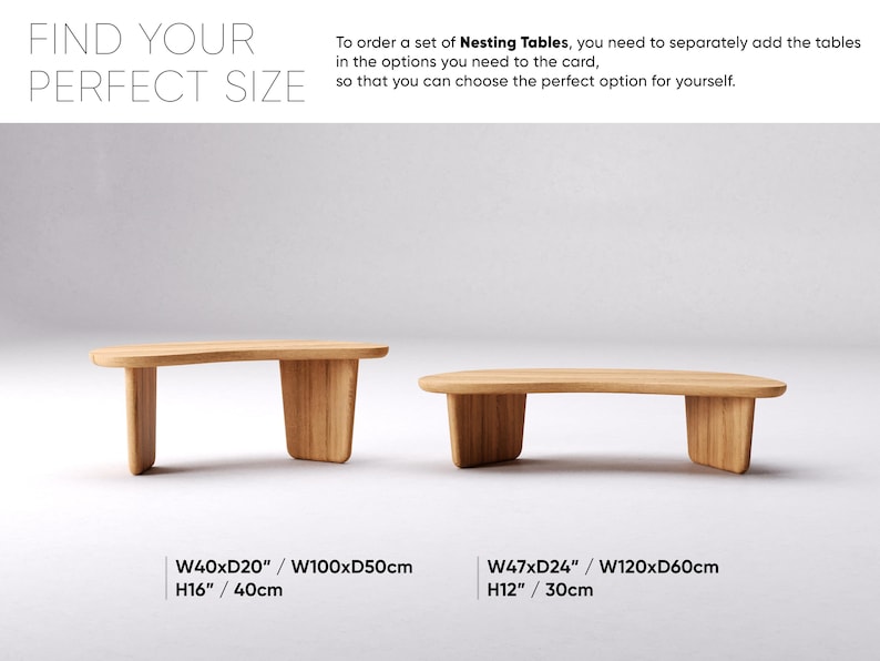 May include: Two light brown wooden nesting tables. The larger table measures 100cm long, 50cm wide, and 40cm high. The smaller table is 120cm long, 60cm wide, and 30cm high. Text reads: Find Your Perfect Size.