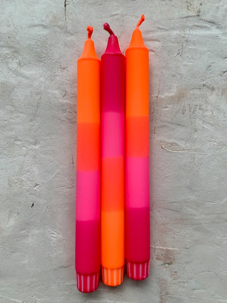 Dip Dye candle set colorful hand-dyed / set of 3 stick candles NEON mix ORANGE and PINK image 2