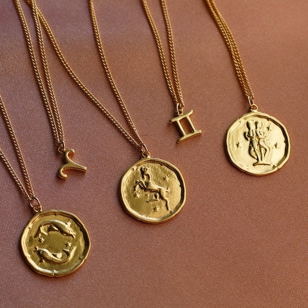 Gold Zodiac Necklace, Zodiac Coin Necklace, Dainty Gold Coin Necklace, Pisces Necklace, Sagittarius Necklace, Pisces Pendant, Virgo Necklace