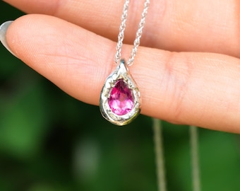 Natural Pink Topaz Teardrop Necklace, Gemstone Pendant Necklace, Gift for Girlfriend, Hammered Charm