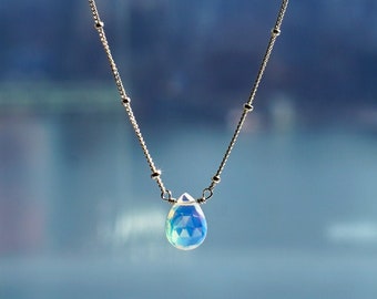 Mermaid Tears Necklace, Opalite Moonstone Pendant on Sterling Silver Beaded Chain, Iridescent Stone Necklace, Silver Layered Necklace