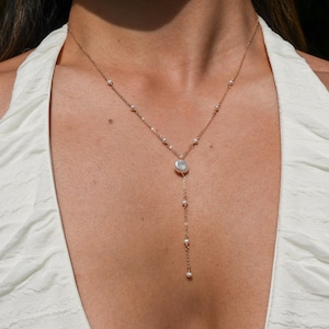Dainty Pearl Lariat Necklace: Gold Filled Freshwater Bridal Jewelry