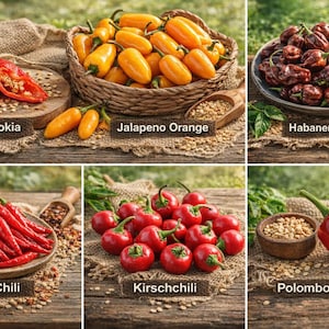 Peut inclure: Une collection de différents piments, dont Bhut Jolokia, Jalapeno Orange, Habanero Chocolate, Thai Chili, Kirschchili et Polombo PI 439411. Les piments sont présentés sur des surfaces en bois avec des graines et des cuillères en bois.