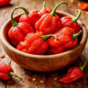 Könnte beinhalten: Eine Holzschüssel gefüllt mit leuchtend roten, runzeligen Paprika mit grünen Stielen. Die Paprika sind in einem Haufen angeordnet, mit ein paar verstreut auf einer Holzoberfläche. Die Paprika haben eine einzigartige, unebene Textur.