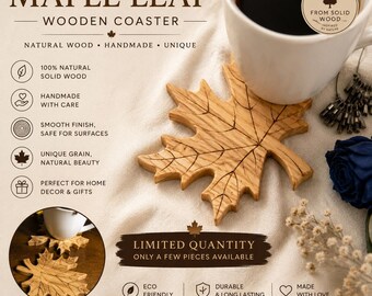 Handmade Maple Leaf Wooden Coaster – Solid Ash Wood Nature Decor (18.5x15 cm)