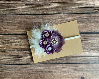 Purple headband bow, baby girl headband bow, headbands, bows, fancy holiday headband bow, birthday headband, stretchy nylon headband