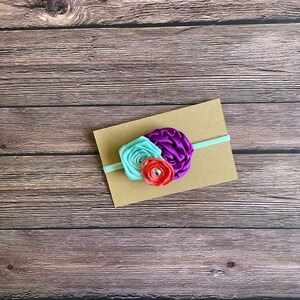 Purple mint green coral headband bow, baby girl headband bow, headbands, bows, birthday mermaid photo prop headband, stretchy nylon headband