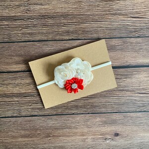 Ivory red headband bow, baby girl headband bow, holiday Valentine’s Day headband bow, headbands, bows, nylon stretchy headband