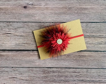 Red black headband bow, baby girl headband bow, birthday holiday photo prop headband bow, headbands, bows, stretchy nylon headband