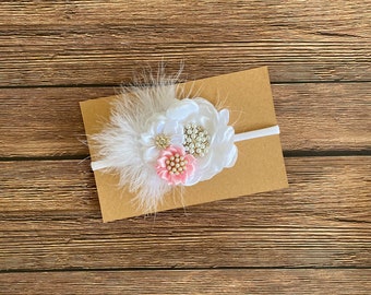 White pink headband bow, baby girl headband bow, headbands, bows, fancy holiday headband bows, nylon stretchy headband