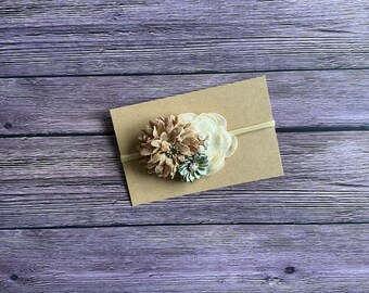 Ivory beige sage headband, baby girl headband bow, headbands, bows, fall birthday photo prop headband bow, stretchy nylon headband