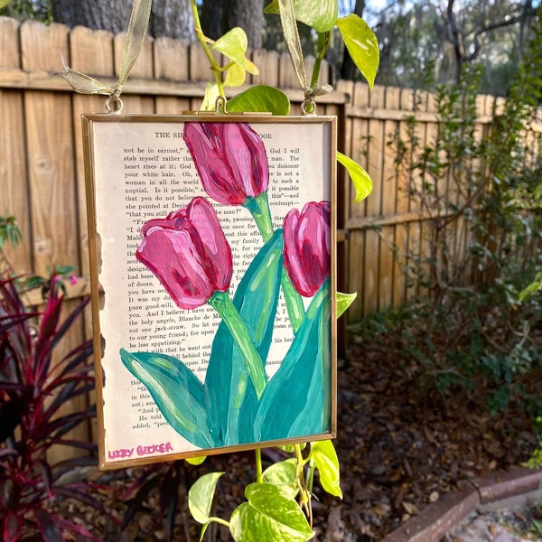 Tulip Painting in Gold Glass Photo Frame, Hand-Painted Original, Acrylic