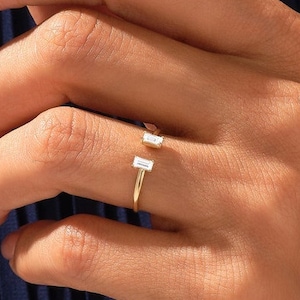 Diamond Open Wedding Band, 14k Gold Baguette Cuff Ring, Solid Gold Open Gap Band, Double Stone Ring, Colorless Moissanite Toi et Moi Ring